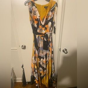 Tahari ASL Floral Print V-Neck Tie Waist Charmeuse Maxi Dress